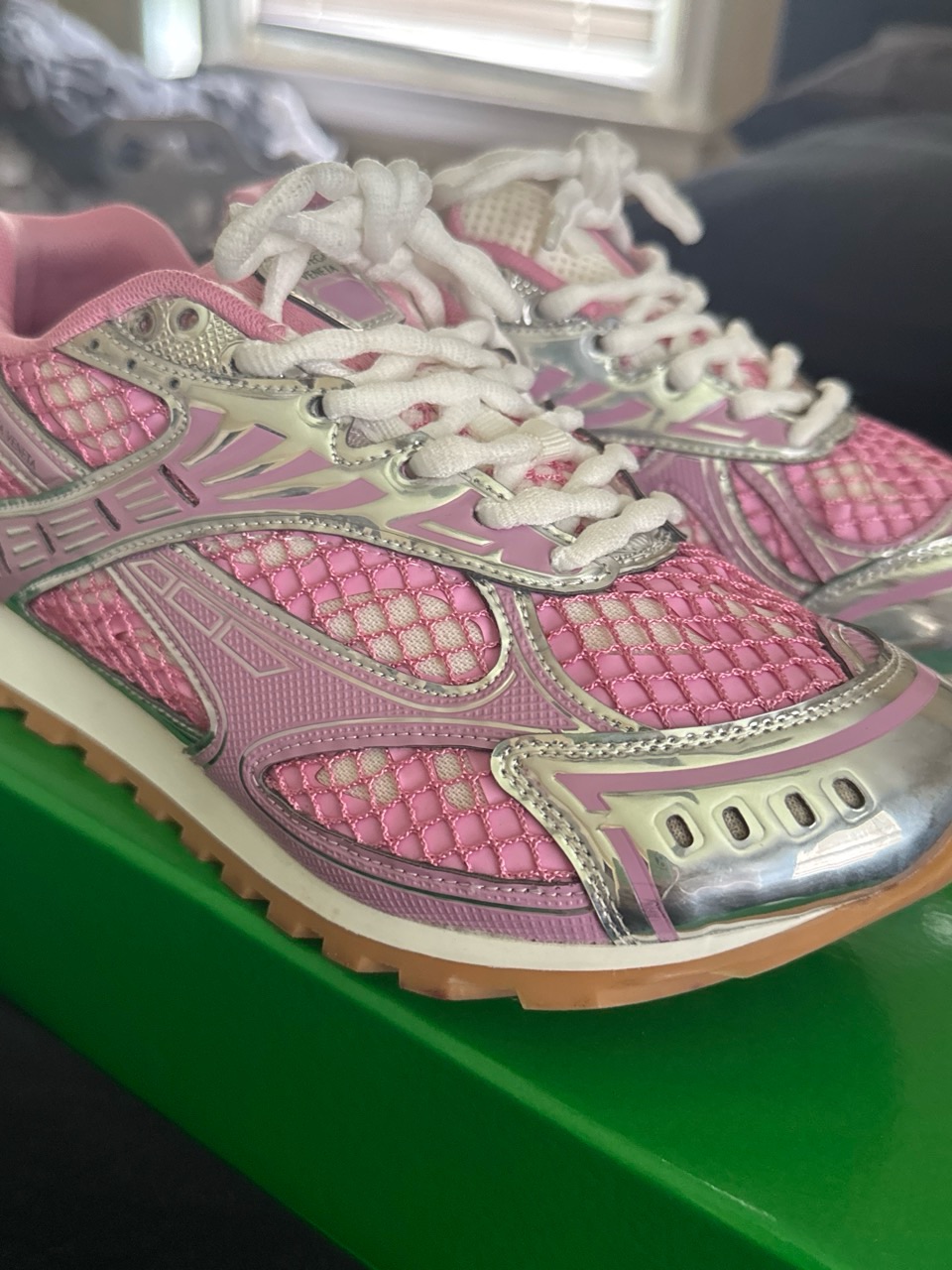 Bottega Veneta Pink And Silver Mesh Runner Sneakers